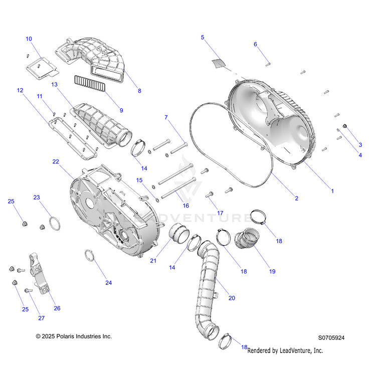 An Image of a Genuine Polaris Parts Schematic Diagram showing the schematic - DRIVE TRAIN: CLUTCH COVER & DUCTING - 2026 POLARIS RANGER 1000 XP NORTHSTAR