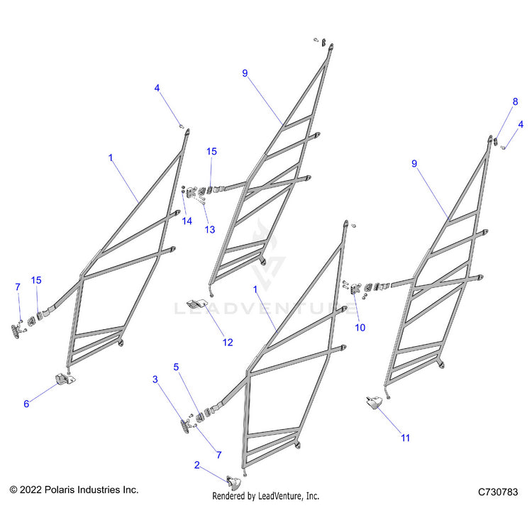 An Image of a Genuine Polaris Parts Schematic Diagram showing the schematic - BODY: NETS - 2023 POLARIS RANGER CREW XP 1000 PREMIUM