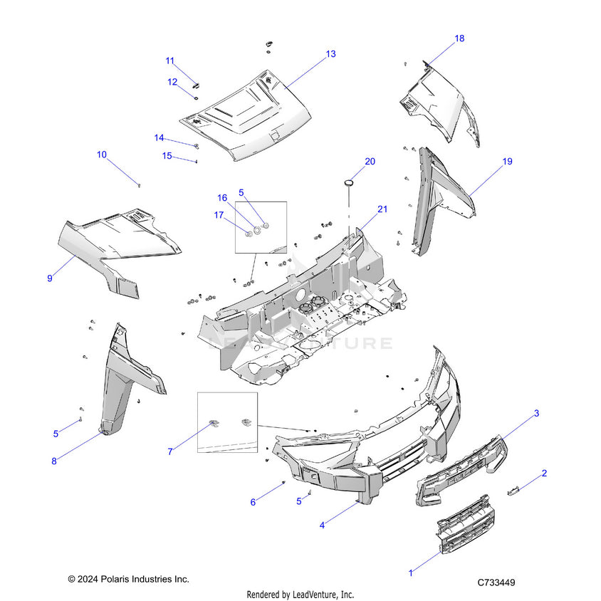 An Image of a Genuine Polaris Parts Schematic Diagram showing the schematic - BODY: HOOD & FRONT FASCIA - 2025 POLARIS RANGER 1000 XP CREW WATERFOWL
