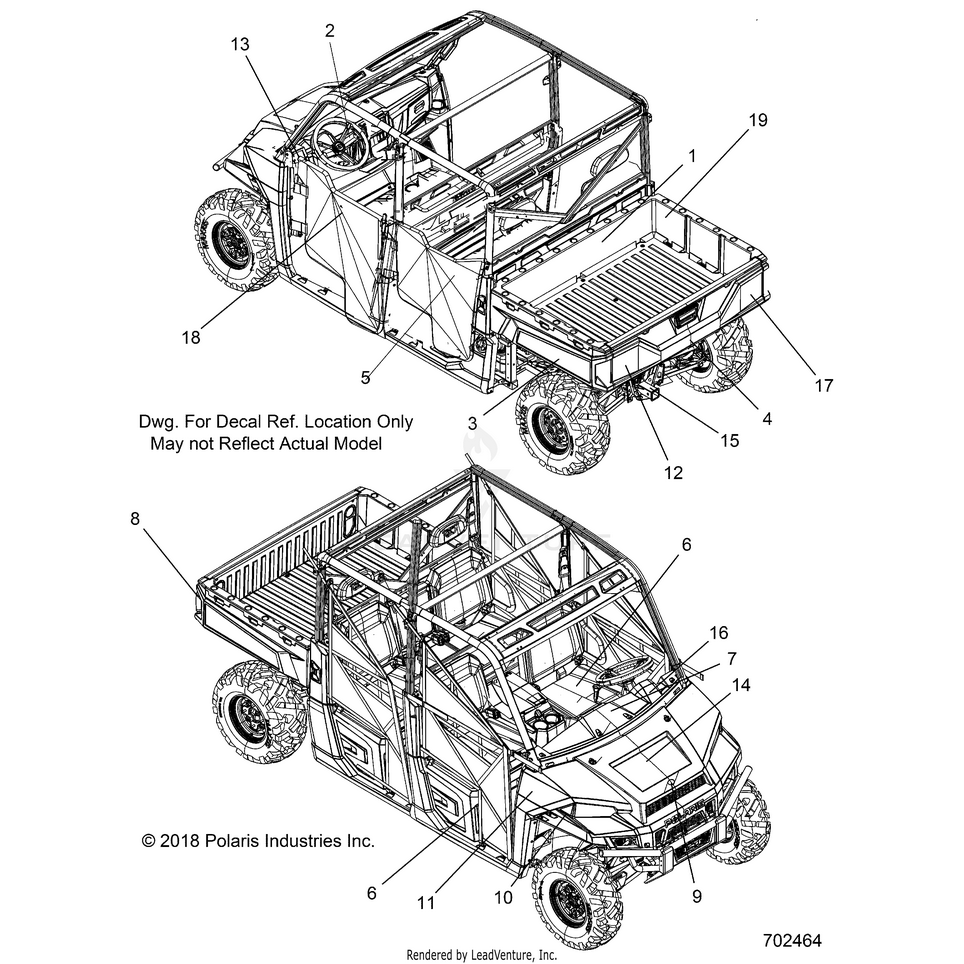 An Image of a Genuine Polaris Parts Schematic Diagram showing the schematic - BODY: DECALS - 2020 POLARIS RANGER CREW XP 1000 EPS HIGH LIFTER