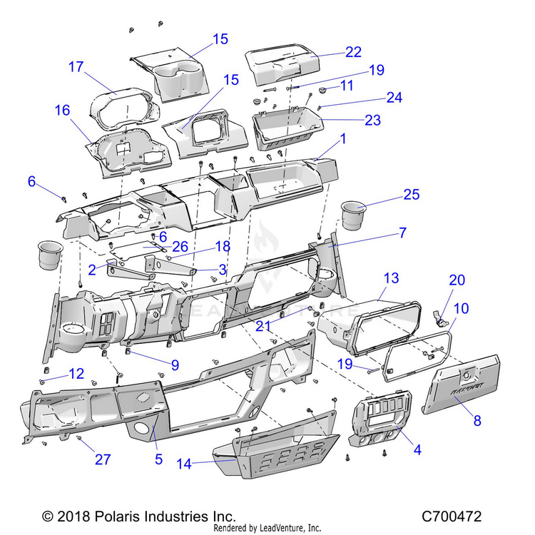 An Image of a Genuine Polaris Parts Schematic Diagram showing the schematic - BODY: DASH STD - 2019 POLARIS RANGER 1000 FACTORY CHOICE