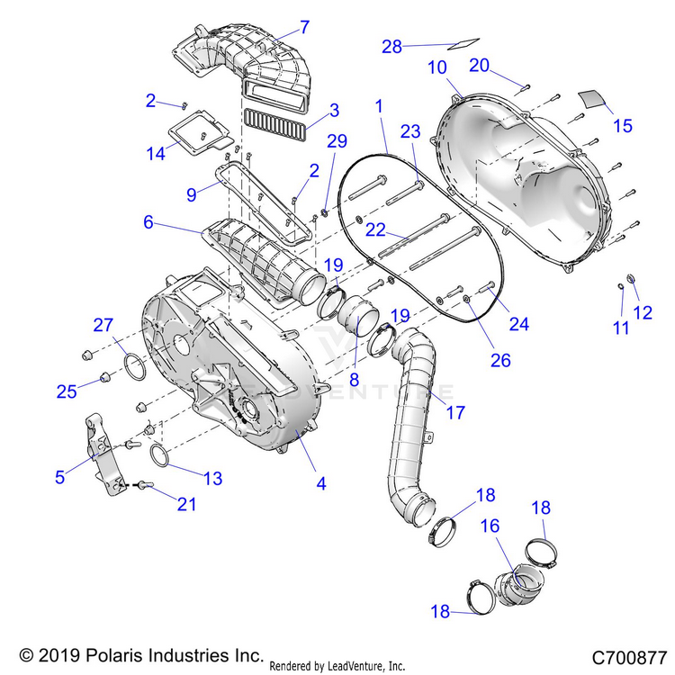 An Image of a Genuine Polaris Parts Schematic Diagram showing the schematic - DRIVE TRAIN: CLUTCH COVER & DUCTING - 2021 POLARIS RANGER XP 1000 NORTHSTAR