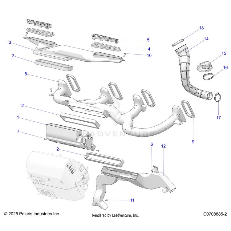 An Image of a Genuine Polaris Parts Schematic Diagram showing the schematic - BODY: HVAC DUCTING - 2026 POLARIS XPEDITION XP5 NORTHSTAR