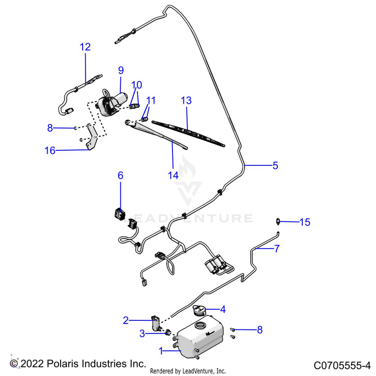 An Image of a Genuine Polaris Parts Schematic Diagram showing the schematic - BODY: WATER BOTTLE PUMP & WIPER KIT - 2022 POLARIS RANGER XP 1000 NORTHSTAR ULTIMATE TRAIL BOSS