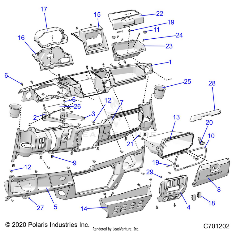 An Image of a Genuine Polaris Parts Schematic Diagram showing the schematic - BODY: DASH - 2021 POLARIS RANGER XP 1000 NORTHSTAR TRAIL BOSS EVAP