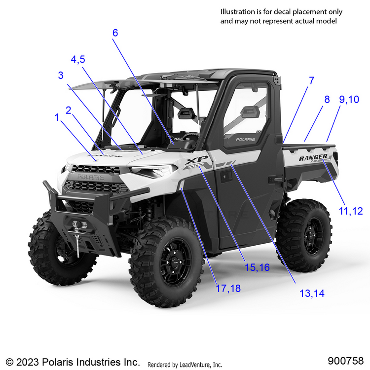An Image of a Genuine Polaris Parts Schematic Diagram showing the schematic - BODY: DECALS GRAPHICS - 2024 POLARIS RANGER 1000 XP NORTHSTAR ULTIMATE TRAIL BOSS