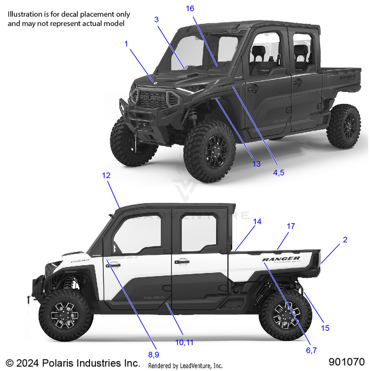 An Image of a Genuine Polaris Parts Schematic Diagram showing the schematic - BODY: DECALS - 2025 POLARIS RANGER XD 1500 NORTHSTAR CREW