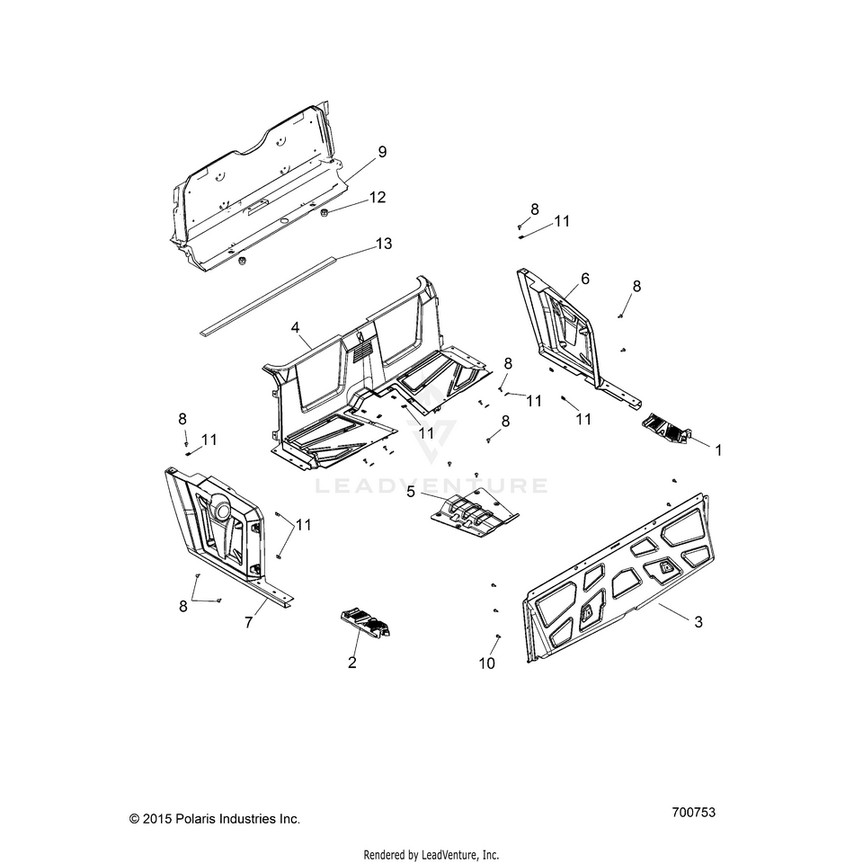An Image of a Genuine Polaris Parts Schematic Diagram showing the schematic - BODY: REAR FLOOR & FENDERS - 2016 POLARIS RANGER CREW 570 EFI