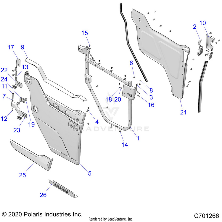 An Image of a Genuine Polaris Parts Schematic Diagram showing the schematic - BODY: FRONT DOORS - 2021 POLARIS RANGER XP 1000 WATERFOWL EVAP