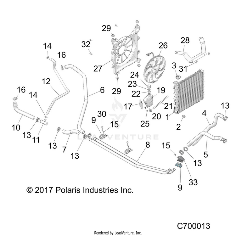 An Image of a Genuine Polaris Parts Schematic Diagram showing the schematic - ENGINE: COOLING SYSTEM - 2022 POLARIS RANGER 500