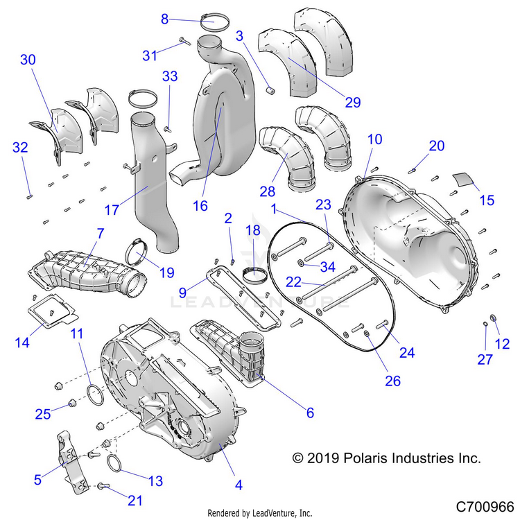 An Image of a Genuine Polaris Parts Schematic Diagram showing the schematic - DRIVE TRAIN: CLUTCH COVER & DUCTING - 2020 POLARIS RANGER CREW XP 1000 EPS HIGH LIFTER