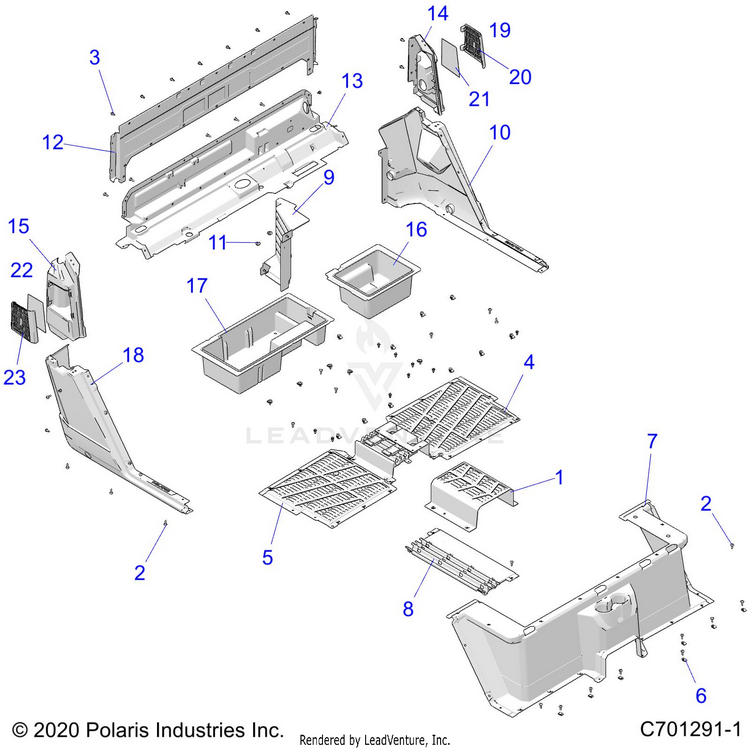 An Image of a Genuine Polaris Parts Schematic Diagram showing the schematic - BODY: FLOOR REAR - 2021 POLARIS RANGER CREW 1000 EPS EVAP