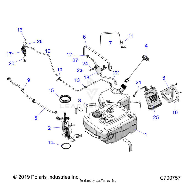 An Image of a Genuine Polaris Parts Schematic Diagram showing the schematic - FUEL: SYSTEM FUEL TANK EVAP - 2022 POLARIS RANGER 1000 FULL SIZE PREMIUM WINTER