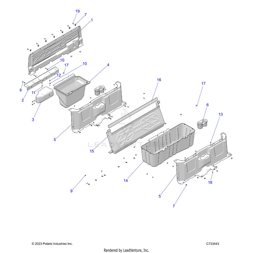 An Image of a Genuine Polaris Parts Schematic Diagram showing the schematic - BODY: FLOOR CLOSEOFFS & BIN - 2025 POLARIS RANGER 570 CREW