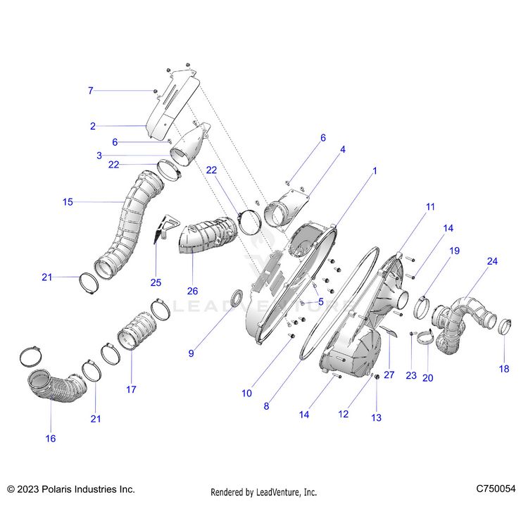 An Image of a Genuine Polaris Parts Schematic Diagram showing the schematic - DRIVE TRAIN: CLUTCH COVER AND DUCTING - 2025 POLARIS GENERAL XP 4 1000 ULTIMATE