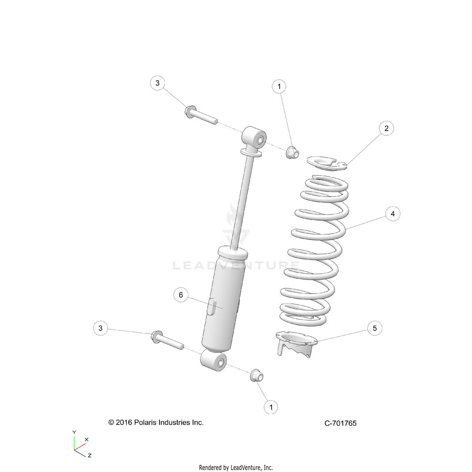 An Image of a Genuine Polaris Parts Schematic Diagram showing the schematic - SUSPENSION: FRONT SHOCK - 2015 POLARIS RANGER CREW 1000 DIESEL