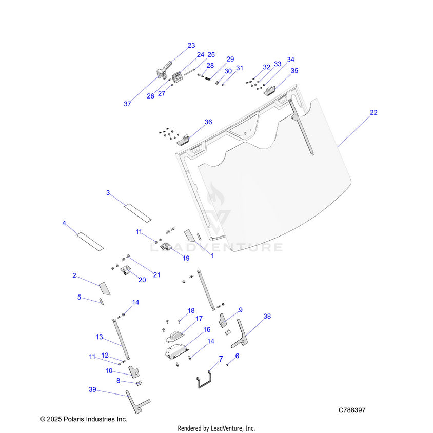 An Image of a Genuine Polaris Parts Schematic Diagram showing the schematic - BODY: WINDSHIELD TIP - 2025 POLARIS RANGER 1000 XP NORTHSTAR ULTIMATE TRAIL BOSS
