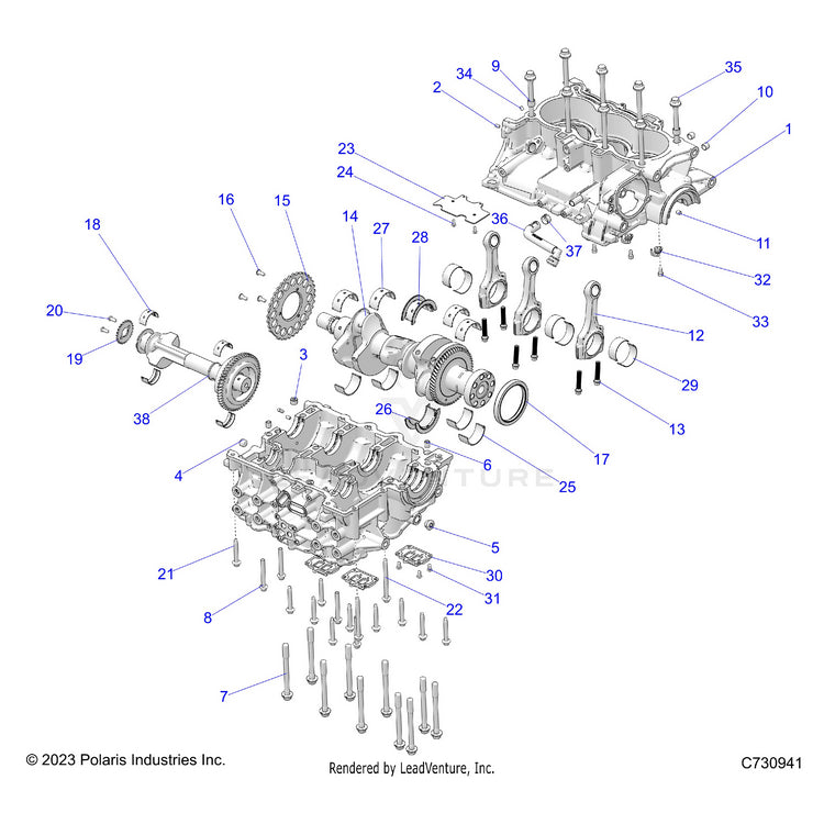 An Image of a Genuine Polaris Parts Schematic Diagram showing the schematic - ENGINE: CRANKCASE CRANKSHAFT - 2025 POLARIS RANGER XD 1500 NORTHSTAR ULTIMATE