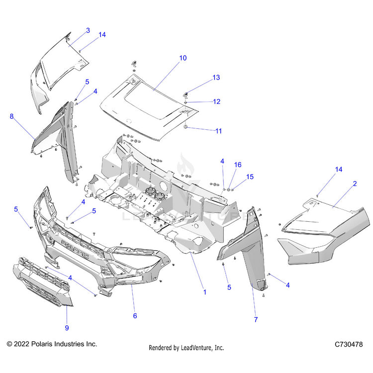 An Image of a Genuine Polaris Parts Schematic Diagram showing the schematic - BODY: HOOD & FRONT FASCIA - 2024 POLARIS RANGER 1000 XP NORTHSTAR ULTIMATE CREW