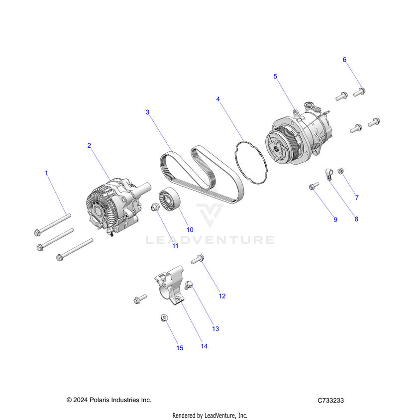 An Image of a Genuine Polaris Parts Schematic Diagram showing the schematic - ENGINE: ALTERNATOR & COMPRESSOR - 2025 POLARIS RANGER 1000 XP CREW NORTHSTAR TEXAS EDITION