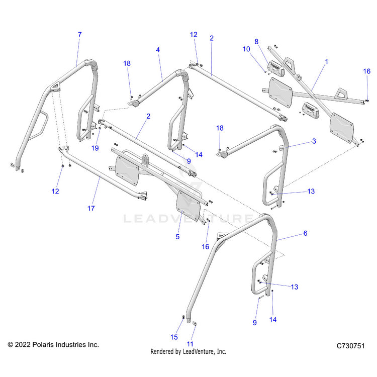 An Image of a Genuine Polaris Parts Schematic Diagram showing the schematic - CHASSIS: CAB FRAME - 2023 POLARIS RANGER 570 CREW FULL SIZE