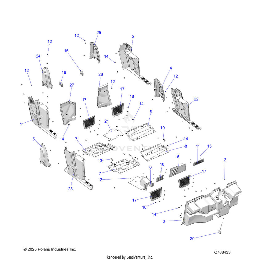 An Image of a Genuine Polaris Parts Schematic Diagram showing the schematic - BODY: FLOOR & ROCKERS - 2025 POLARIS RANGER 570 CREW NORTHSTAR