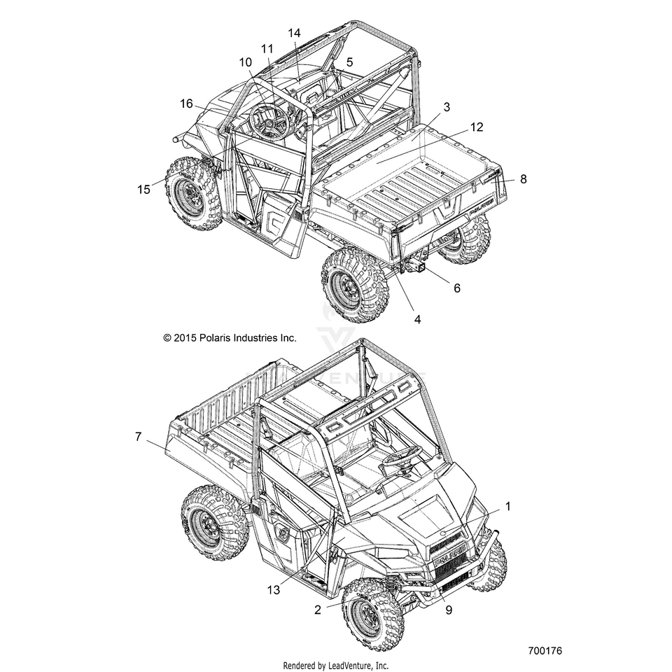 An Image of a Genuine Polaris Parts Schematic Diagram showing the schematic - BODY: DECALS - 2016 POLARIS RANGER ETX