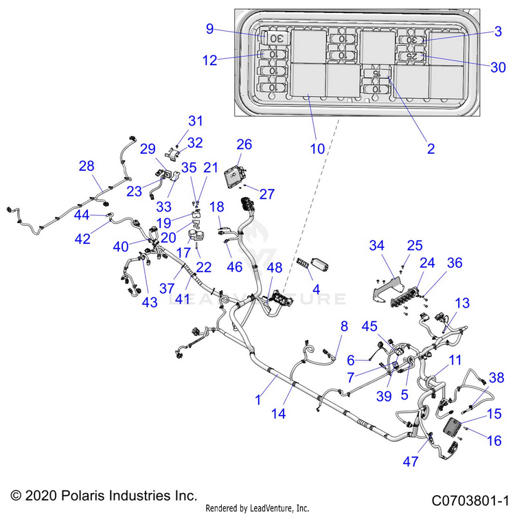 An Image of a Genuine Polaris Parts Schematic Diagram showing the schematic - ELECTRICAL: WIRE HARNESS - 2022 POLARIS GENERAL XP 4 1000 TRAILHEAD LE