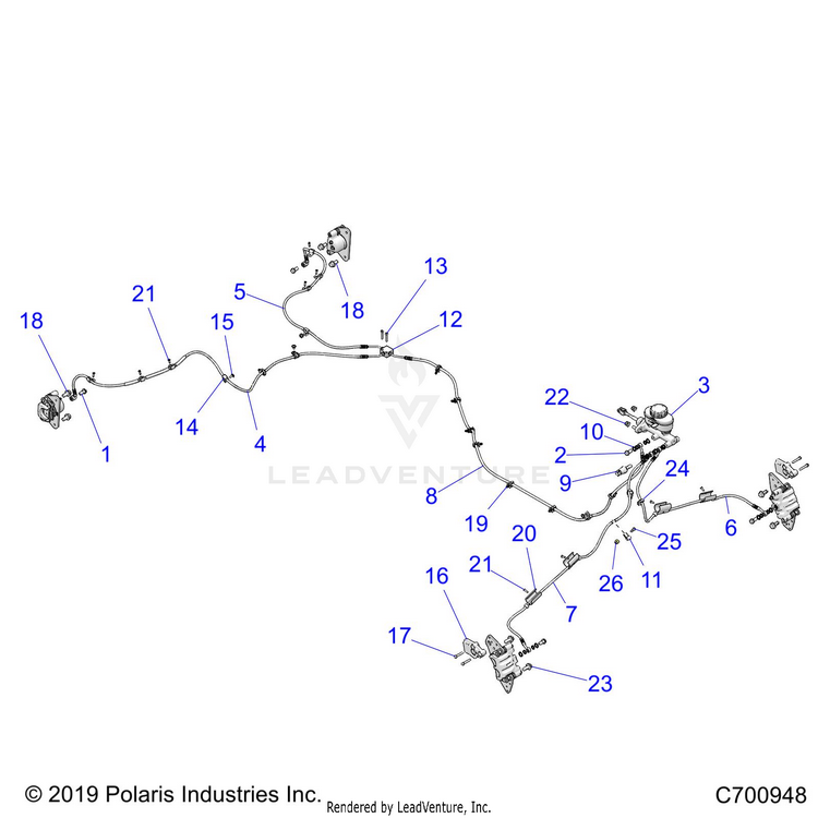 An Image of a Genuine Polaris Parts Schematic Diagram showing the schematic - BRAKES: BRAKE LINES & MASTER CYLINDER - 2020 POLARIS RANGER XP 1000 PREMIUM NORTHSTAR