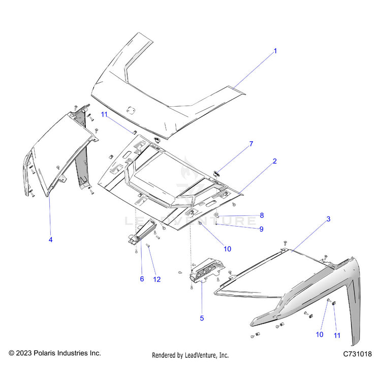 An Image of a Genuine Polaris Parts Schematic Diagram showing the schematic - BODY: HOOD & FRONT FENDERS - 2026 POLARIS RANGER XD 1500 NORTHSTAR