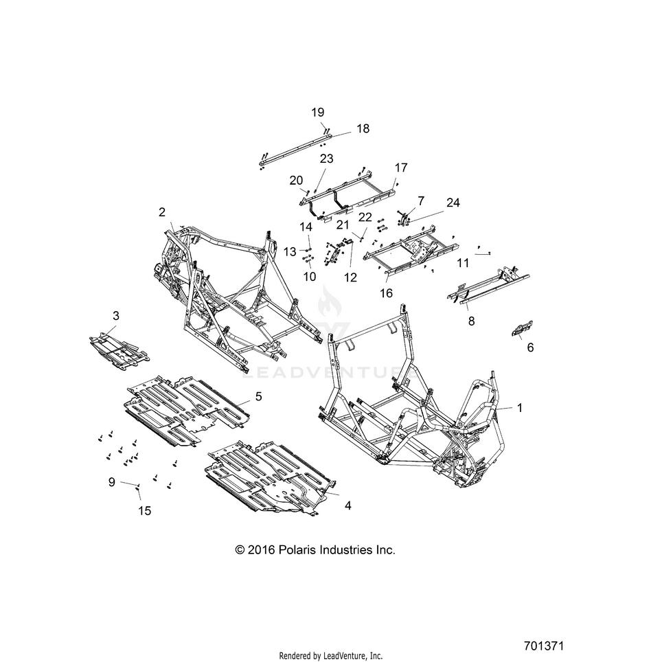 An Image of a Genuine Polaris Parts Schematic Diagram showing the schematic - CHASSIS: MAIN FRAME AND SKID PLATES - 2018 POLARIS GENERAL 1000 4 EPS