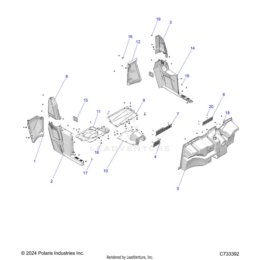An Image of a Genuine Polaris Parts Schematic Diagram showing the schematic - BODY: FLOOR & ROCKERS - 2025 POLARIS RANGER 570