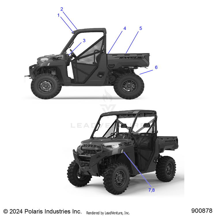 An Image of a Genuine Polaris Parts Schematic Diagram showing the schematic - BODY: DECALS GENERAL - 2025 POLARIS RANGER 1000 XP PREMIUM