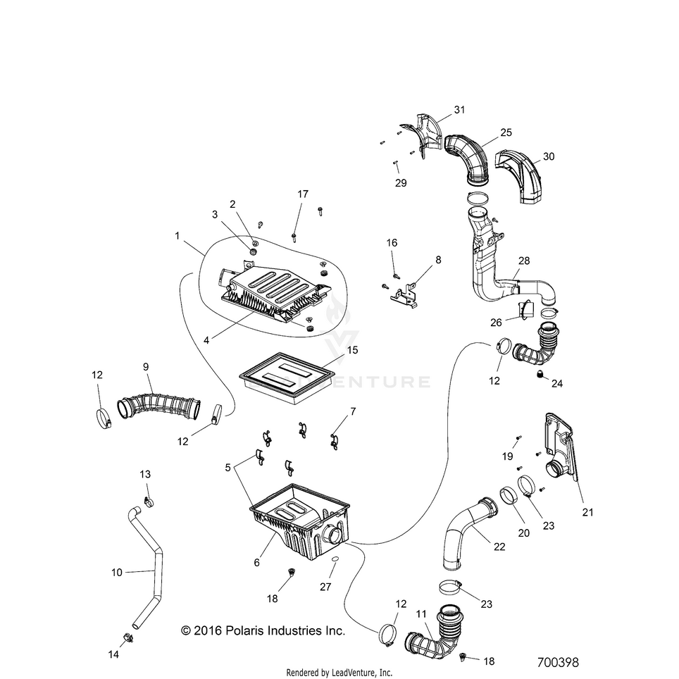 An Image of a Genuine Polaris Parts Schematic Diagram showing the schematic - ENGINE: AIR INTAKE SYSTEM - 2017 POLARIS RANGER CREW XP 1000 EPS