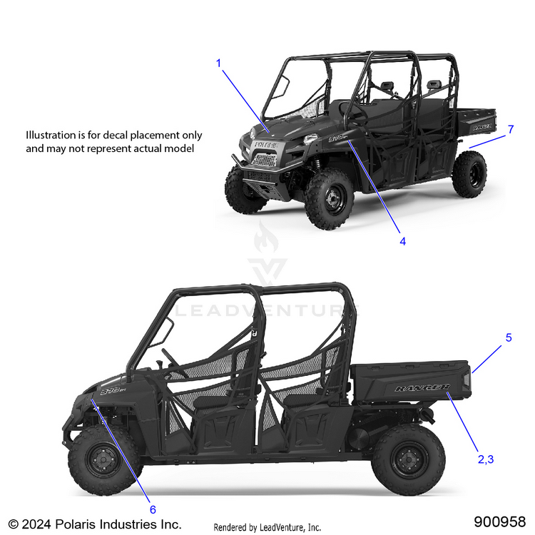 An Image of a Genuine Polaris Parts Schematic Diagram showing the schematic - BODY: DECALS GRAPHICS - 2025 POLARIS RANGER 570 CREW FULL SIZE