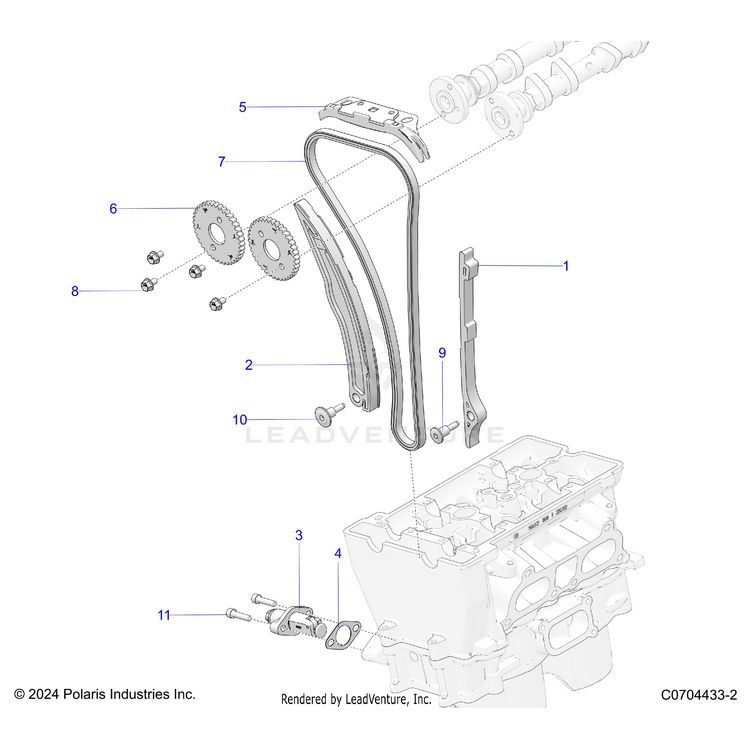 An Image of a Genuine Polaris Parts Schematic Diagram showing the schematic - ENGINE: CAM CHAIN AND TENSIONER - 2024 POLARIS XPEDITION ADV 5 NORTHSTAR