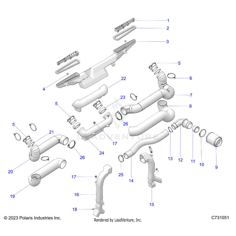An Image of a Genuine Polaris Parts Schematic Diagram showing the schematic - BODY: HVAC DUCTING - 2025 POLARIS RANGER XD 1500 NORTHSTAR
