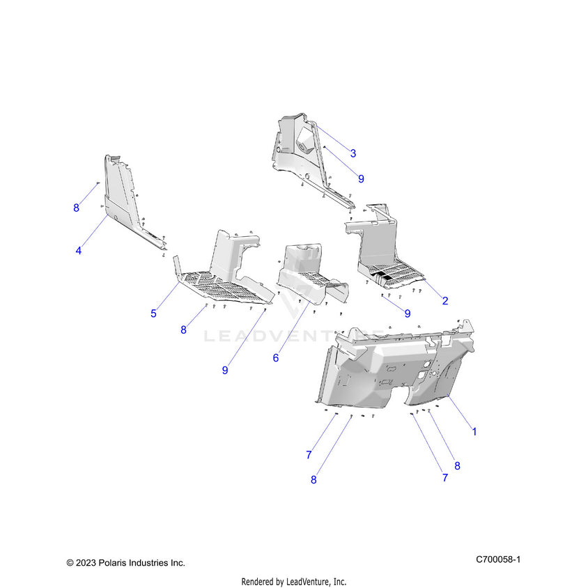 An Image of a Genuine Polaris Parts Schematic Diagram showing the schematic - BODY: FLOOR & ROCKER - 2025 POLARIS RANGER 1000 XP PREMIUM