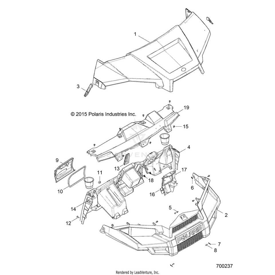 An Image of a Genuine Polaris Parts Schematic Diagram showing the schematic - BODY: HOOD DASH & GRILL - 2015 POLARIS RANGER 570/EPS