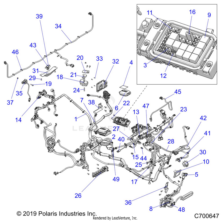An Image of a Genuine Polaris Parts Schematic Diagram showing the schematic - ELECTRICAL: WIRE HARNESS - 2019 POLARIS RANGER XP 1000 EPS NORTHSTAR RIDE COMMAND