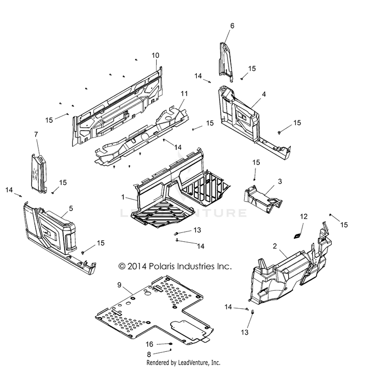 An Image of a Genuine Polaris Parts Schematic Diagram showing the schematic - BODY: FLOOR & FENDERS - 2015 POLARIS RANGER 900 XP
