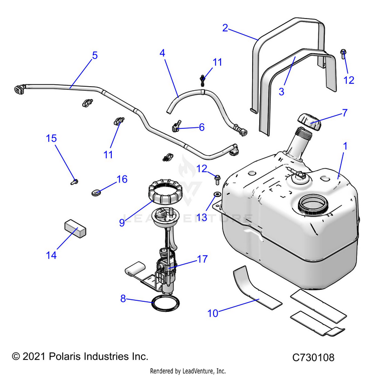 An Image of a Genuine Polaris Parts Schematic Diagram showing the schematic - BODY: FUEL TANK - 2022 POLARIS RANGER 570