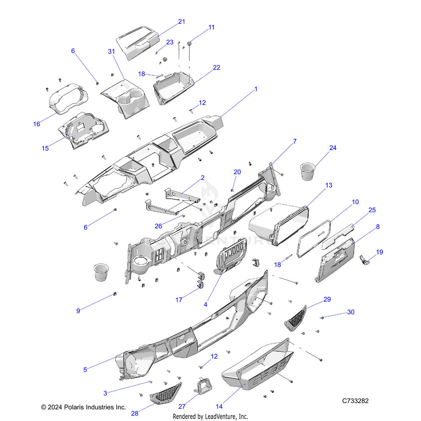 An Image of a Genuine Polaris Parts Schematic Diagram showing the schematic - BODY: DASH - 2025 POLARIS RANGER 1000 XP CREW WATERFOWL