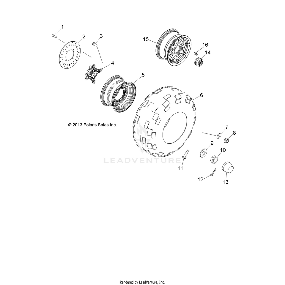 An Image of a Genuine Polaris Parts Schematic Diagram showing the schematic - WHEELS: FRONT - 2019 POLARIS RANGER 570