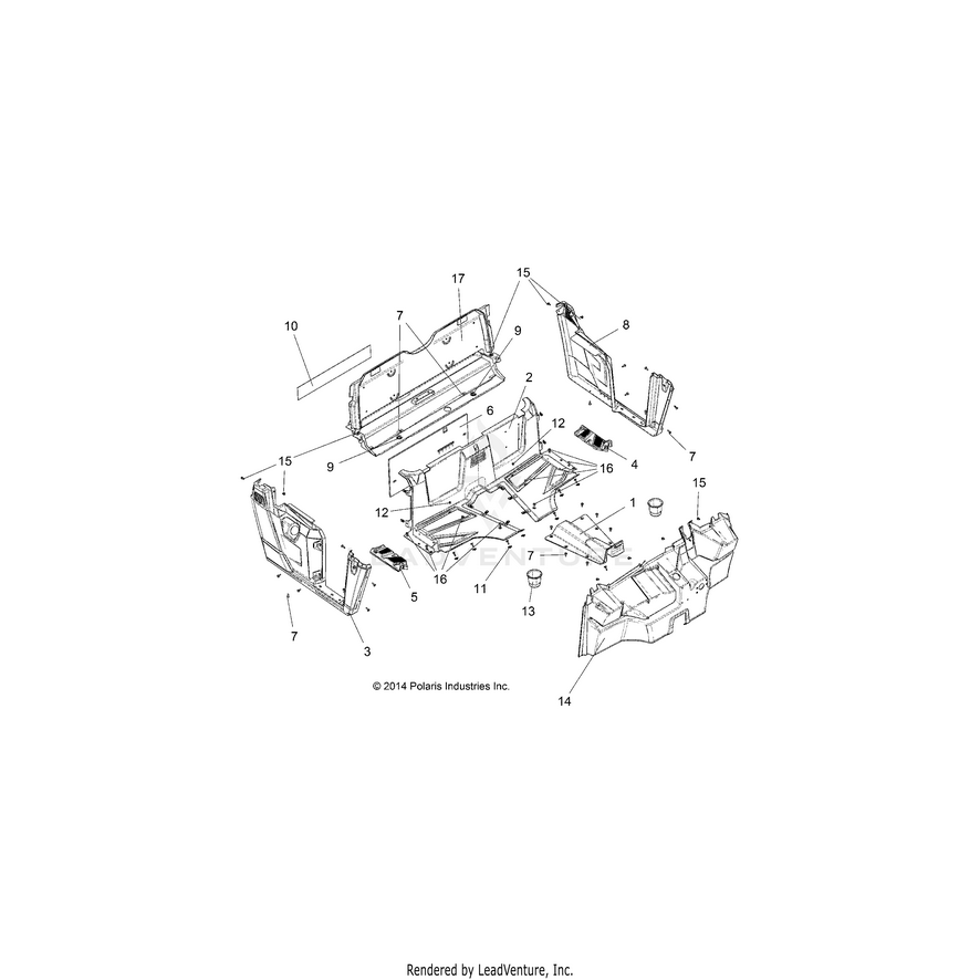 An Image of a Genuine Polaris Parts Schematic Diagram showing the schematic - BODY: FLOOR & FENDERS - 2015 POLARIS RANGER ETX