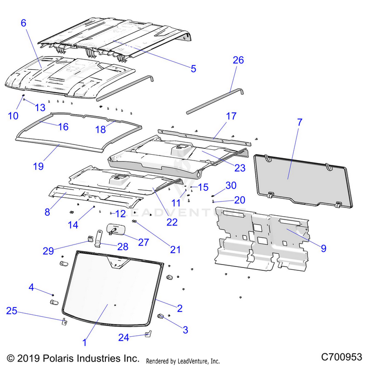 An Image of a Genuine Polaris Parts Schematic Diagram showing the schematic - BODY: ROOF & CAB - 2020 POLARIS RANGER CREW XP 1000 NORTHSTAR ULTIMATE AUDIO