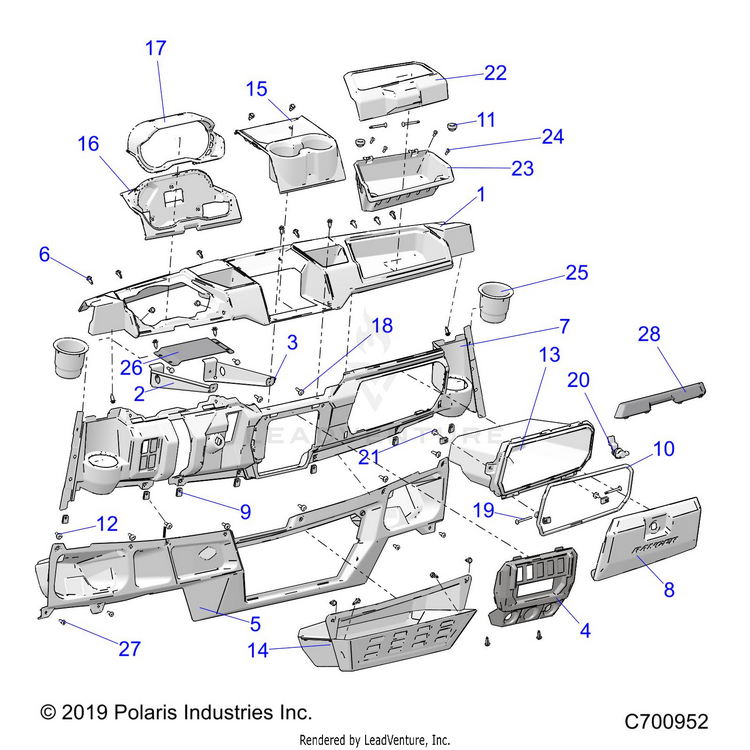 An Image of a Genuine Polaris Parts Schematic Diagram showing the schematic - BODY: DASH - 2020 POLARIS RANGER CREW XP 1000 EPS