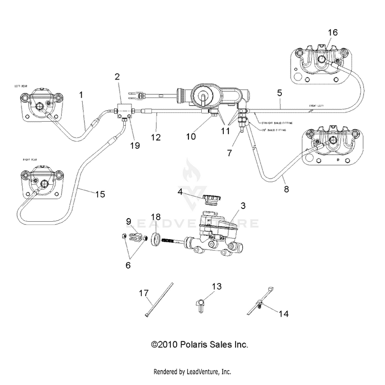 An Image of a Genuine Polaris Parts Schematic Diagram showing the schematic - BRAKES: LINES & MASTER CYLINDER - 2017 POLARIS RANGER EV