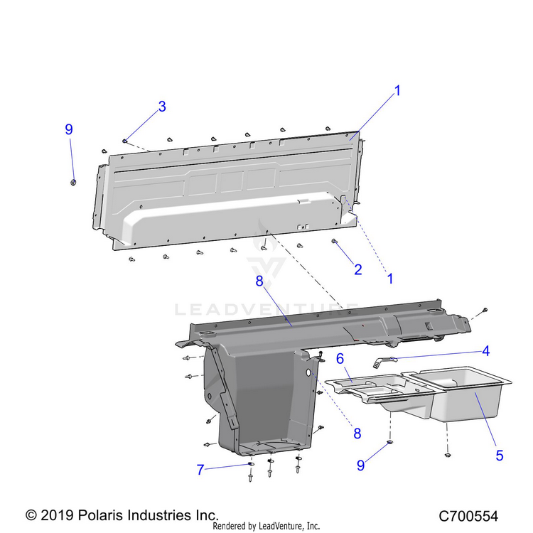 An Image of a Genuine Polaris Parts Schematic Diagram showing the schematic - BODY: REAR CLOSEOFF & FENDERS - 2019 POLARIS RANGER 1000 FACTORY CHOICE