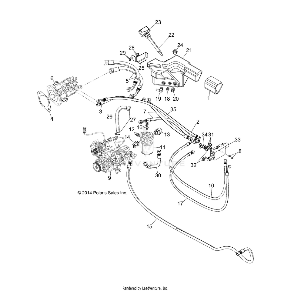 An Image of a Genuine Polaris Parts Schematic Diagram showing the schematic - DRIVE TRAIN: HYDROSTAT MOUNTING & LINES - 2016 POLARIS RANGER HST